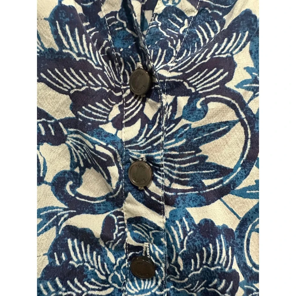 Tory Burch Blue Floral Silk Blend‎ Roll Tab Sleeve Tunic Top Blouse Size 8